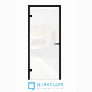 drzwi szklane otwierane do biura  z ościeżnicą aluminiową przezroczyste czarna rama